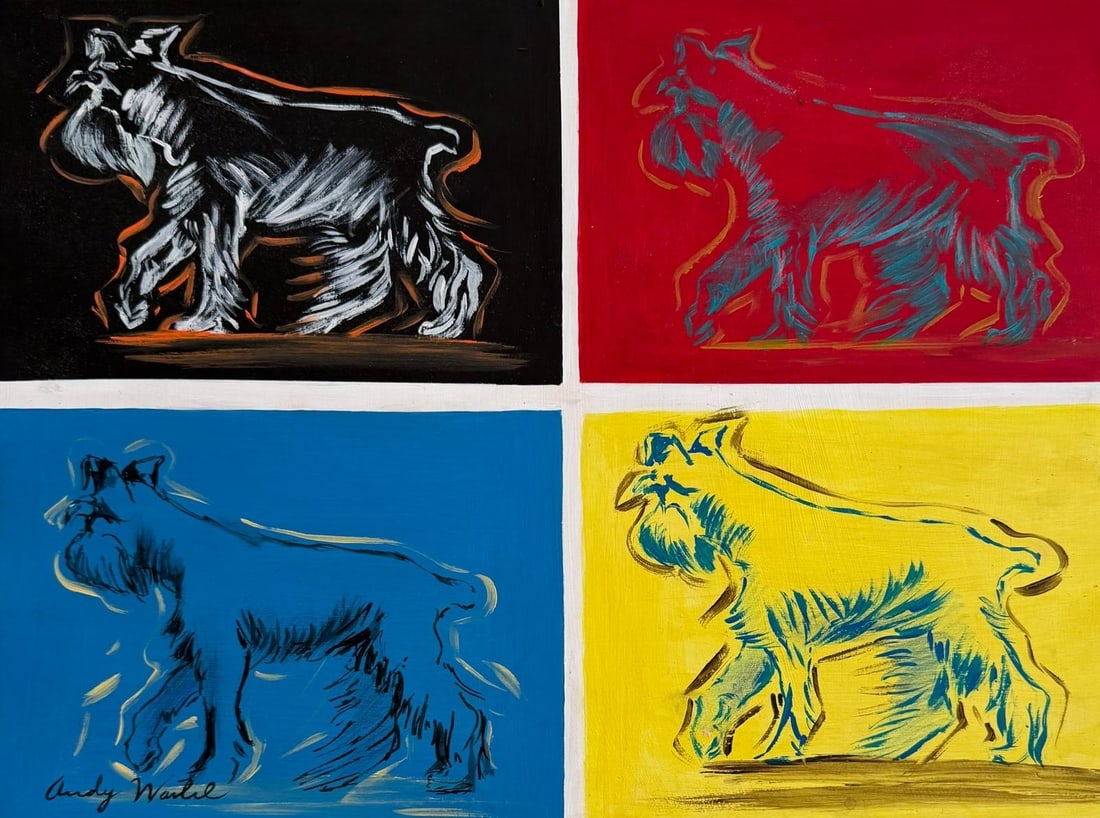 Andy Warhol American 1928-1987 Gouache on Paper Painting in the Style of Pop Art Era: Title: Four Schnauzers Technique: Gouache on Paper Measures: 11 x 16 inches Year: Circa 1978 Condition: Good — stable, with minor surface wear and light craquelure consistent with agePrivate collect