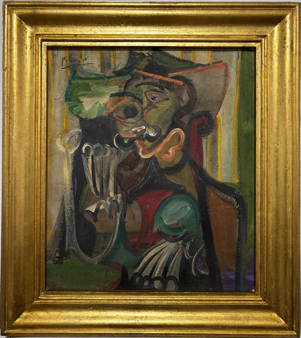 Pablo Picasso Spanish 1881-1973 Oil on Canvas Painting . Dali, Magritte, Chagall &: Title: The Gentleman with the Green Hat Technique: Oil on canvas Measures: 22 x 19 inches Year: Circa 1941 Condition: GoodProvenance: Private collection. Initially acquired by Monsieur Albert Duroc, a