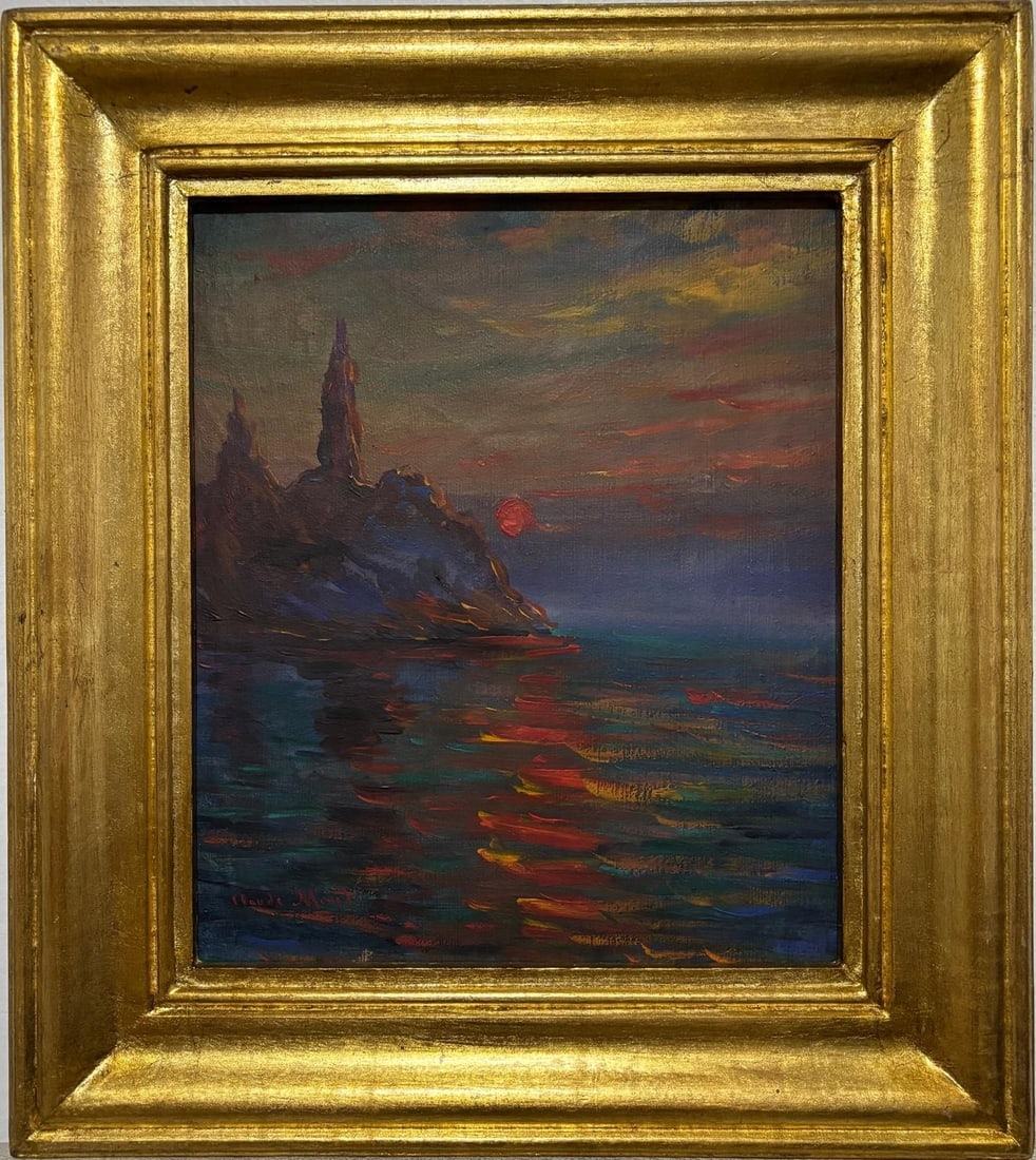 Claude Monet French 1840 - 1926 Oil on Canvas Painting . Renoir & Manet Impressionist: Title: Sunset at Étretat Technique: Oil on Canvas Measures: 17 x 15 inches Year: Circa 1883 Condition: Good — stable, with minor surface wear and light craquelure consistent with ageProvenance: Pri