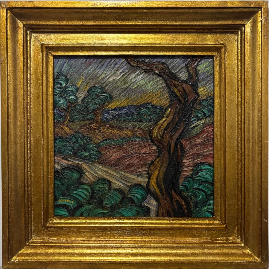 Vincent Van Gogh Dutch 1853-1890 Oil on Canvas Painting in the Style of Gaugin, Monet, Degas Period: Title: Landschap Technique: Oil on Canvas Measures: 13 x 13 inches Year: Circa 1889 Condition: Good — stable, with minor surface wear and light craquelure consistent with ageProvenance: Private coll