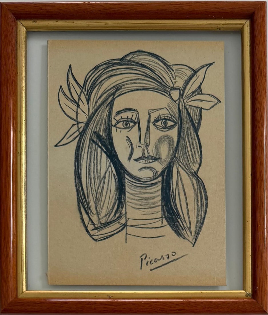 Pablo Picasso Spanish 1881-1973 Oil on Canvas Painting in the Style of Dali, Magritte, Chagall &: Title: Le Visage Pensif Technique: Crayon on Paper Measures: 11 x 8 inches Year: Circa 1942 Condition: Good — stable, with minor surface wear and light craquelure consistent with ageProvenance: Priv