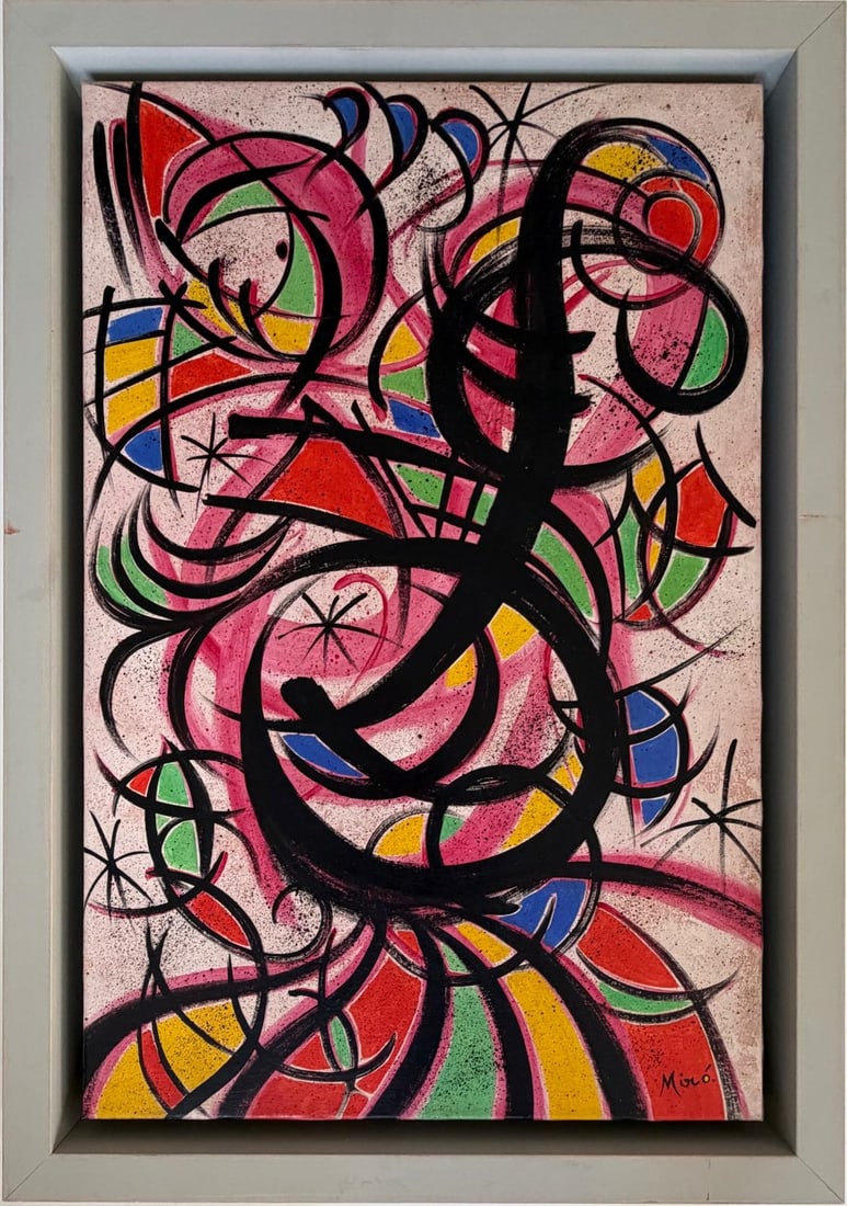 Joan Miro Spanish 1893 - 1983 Oil on Canvas Painting in the Style of Dali, Picasso, Magritte,: Title: Carnival of Spirals Technique: Oil on Canvas Measures: 24 x 16 inches Year: Circa 1954 Condition: Good — stable, with minor surface wear and light craquelure consistent with ageProvenance: Pr