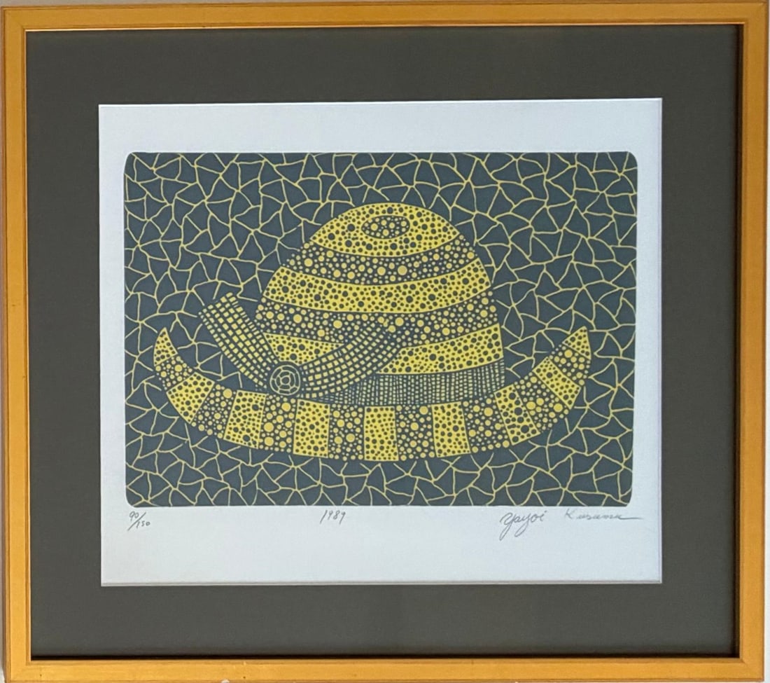 Yayoi Kusama Japanese (b.1929) Silkscreen on Paper Painting in the Style of Pop Art Era: Title: Celestial Hat in Yellow Technique: Silkscreen on Paper Measures: 15 x 15 inches Year: 1989 Condition: Good — stable, with minor surface wear and light craquelure consistent with ageProvenance