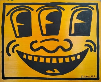 Keith Haring American 1958 - 1990 Acrylic on Masonite Painting In The Style of Warhol & Haring Pop