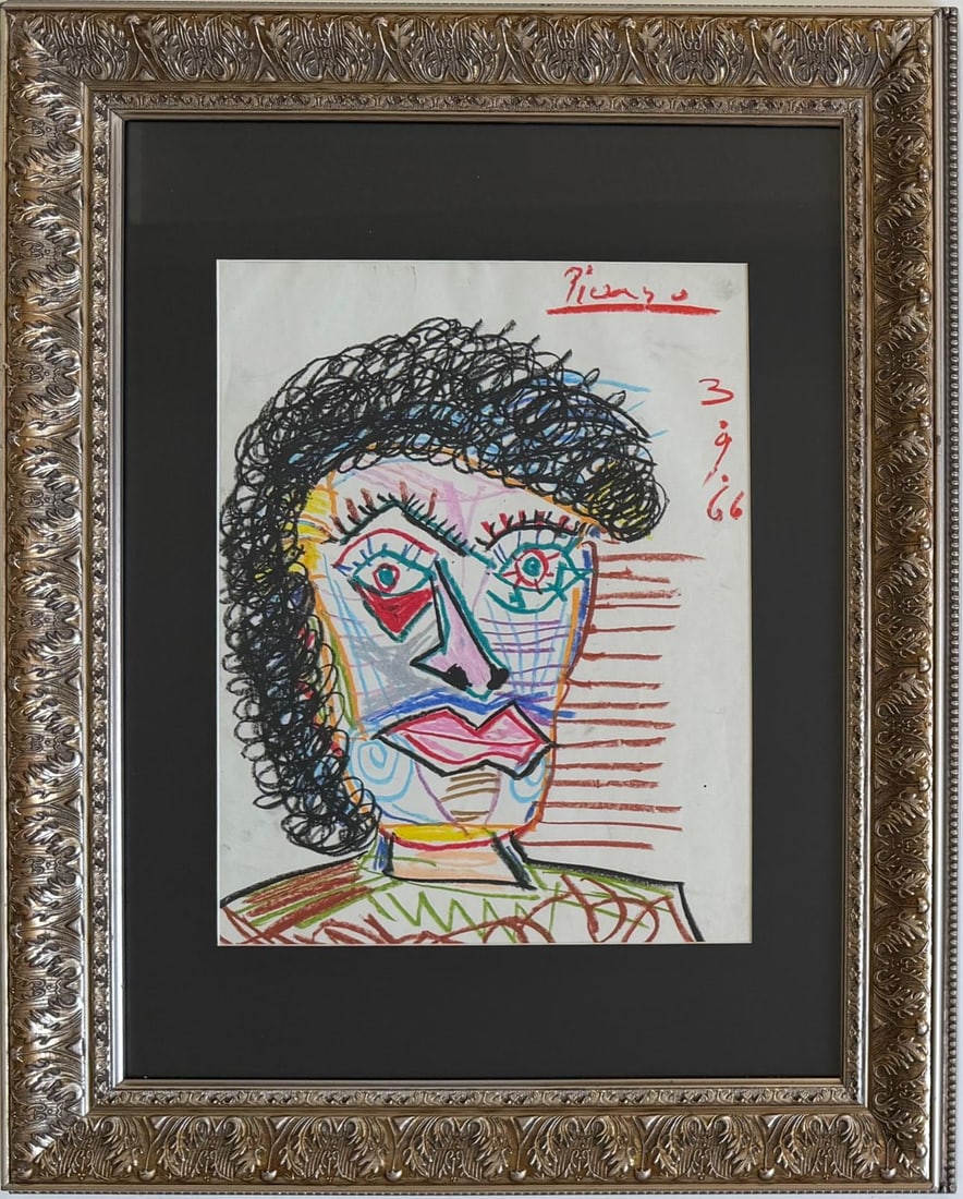 Pablo Picasso Spanish 1881-1973 Crayon on Paper Painting in the Style of Dali, Magritte, Chagall &: Title: Vibrant Head Technique: Crayon on Paper Measures: 21 x 18 inches Year: 1966 Condition: Good — stable, with minor surface wear and light craquelure consistent with ageProvenance: Private colle
