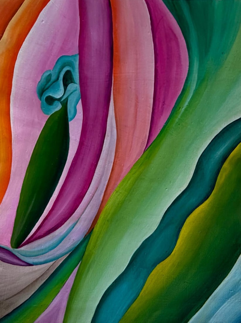 Georgia O’Keeffe American 1887–1986 Oil On Canvas Painting in the Style of Pollock & O'Keeffe.: Title: Petal Currents Technique: Oil on Canvas Measures: 15 x 12 inches Year: Circa 1928 Condition: Good — stable, with minor surface wear and light craquelure consistent with ageProvenance: Private