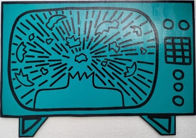 Keith Haring American 1958 - 1990 Acrylic on Plywood Painting In The Style of Warhol & Haring Pop