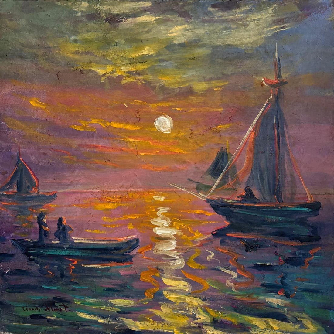 Claude Monet French 1840 - 1926 Oil on Canvas Painting in the Style of Renoir & Manet Impressionist: Title: Moonlit Harbor at Dusk Technique: Oil on Canvas Measures: 13 x 13 inches Year: Circa 1872 Condition: Good — stable, with minor surface wear and light craquelure consistent with ageProvenance:
