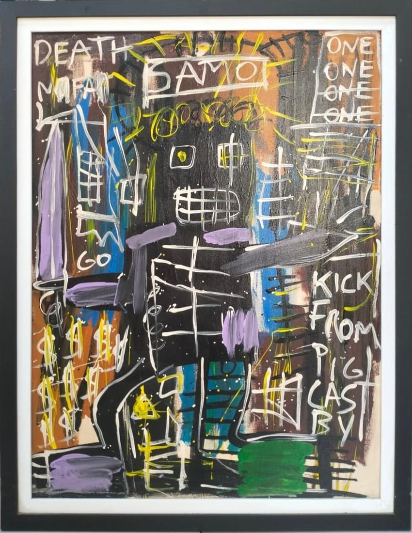 Jean-Michel Basquiat American 1960–1988 Acrylic on Canvas Painting in the Style of Warhol, Pollock: Title: SAMO’s Echo Technique: Acrylic on Canvas Measures: 31 x 23 inches Year: 1982 Condition: Good — stable, with minor surface wear and light craquelure consistent with ageProvenance: Private co