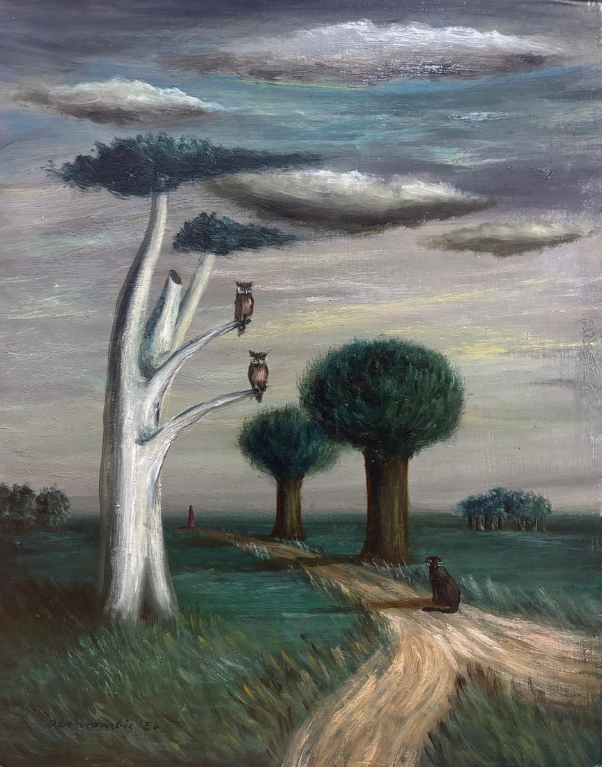 Gertrude Abercrombie American 1907-1977 Oil on Masonite Painting in the Style of Magritte, Dali Era. (1 of 5)