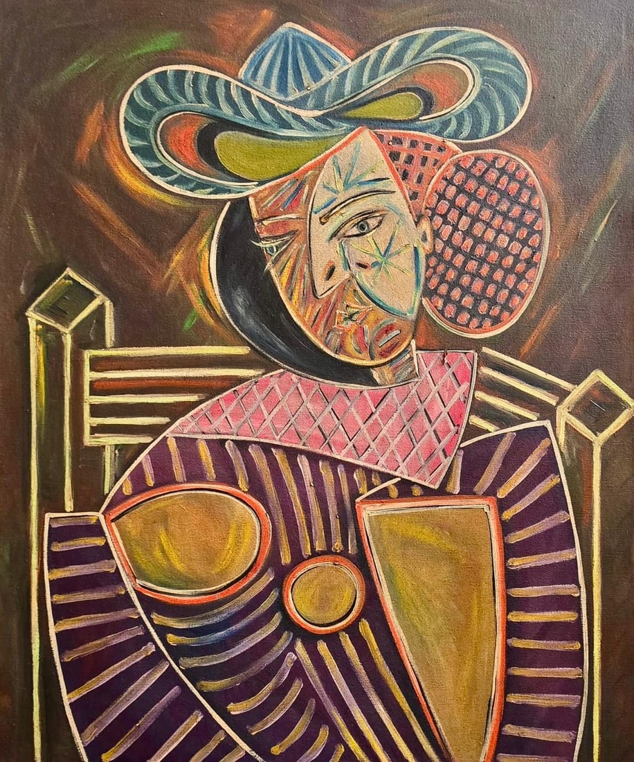 Pablo Picasso Spanish 1881-1973 Oil on Canvas Painting in the Style of.Picasso Cubist Period: Title: Seated Figure with Broad Hat and Patterned Forms Technique: Oil on Canvas Measures: 24 × 20 inches Year: Circa mid–late 20th century Condition: Good — the surface appears stable, with mino