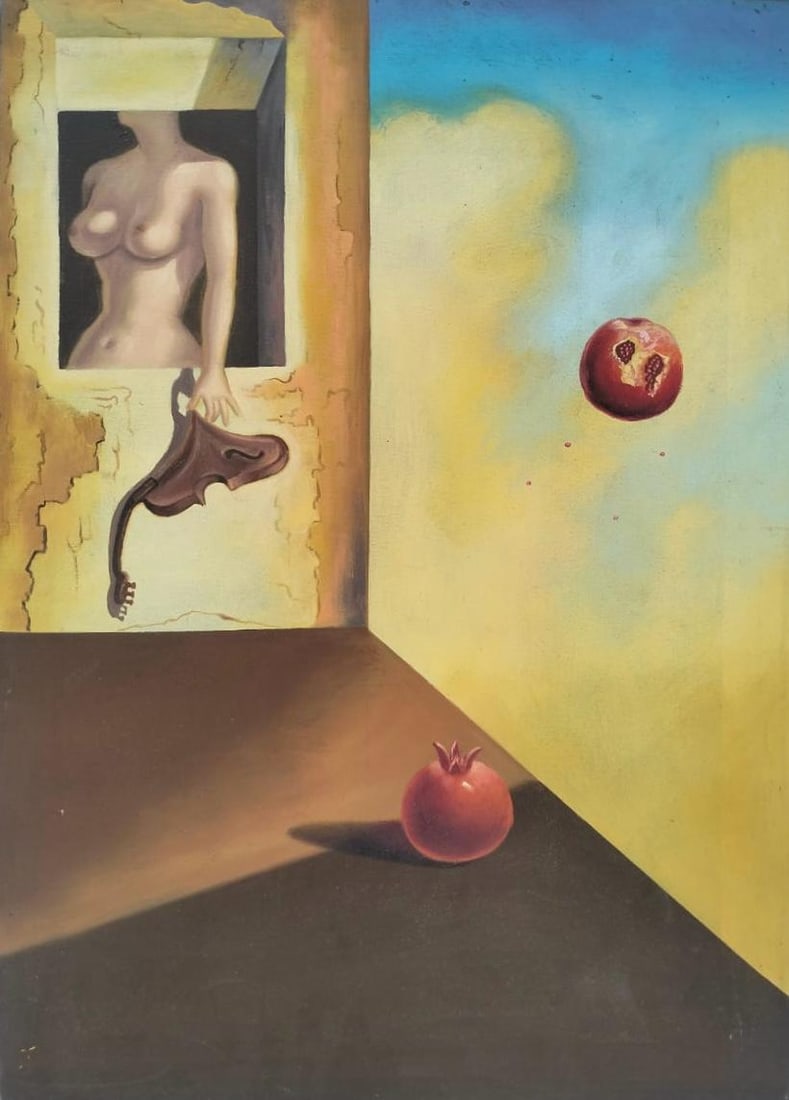 Salvador Dali Spanish 1904 - 1989 Oil on Canvas Painting in the Style of. Dali Surrealism Era: Title: Rêve de Luxure Technique: Oil on Canvas Measures: 27 × 19 inches Year: Circa mid–late 20th century Condition: Good — the surface appears stable, with minor age-consistent wear visible upo