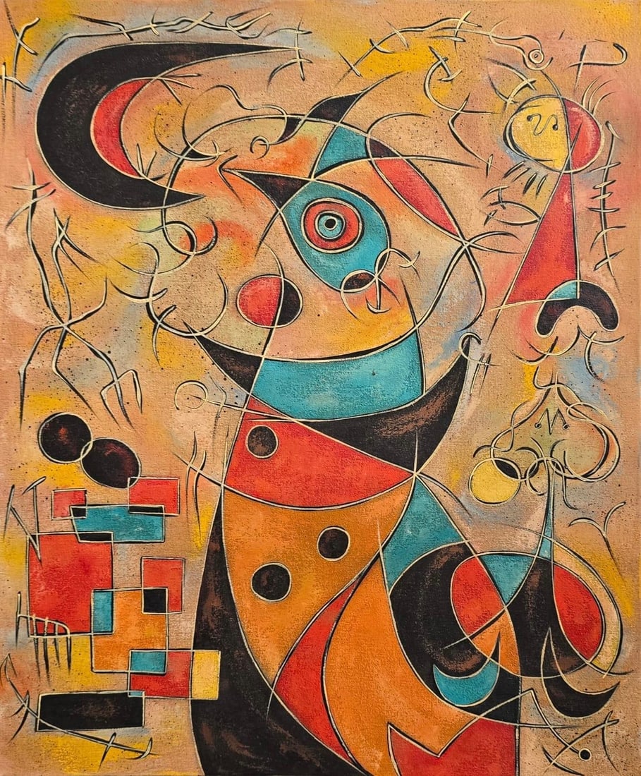 Joan Miro Spanish 1893 - 1983 Oil on Canvas in the Style of. Miro Surrealism Era: Title: Cosmic Figure with Crescent and Signs Technique: Oil on Canvas Measures: 24 × 20 inches Year: Circa mid–late 20th century Condition: Good — the surface appears stable, with minor age-consi