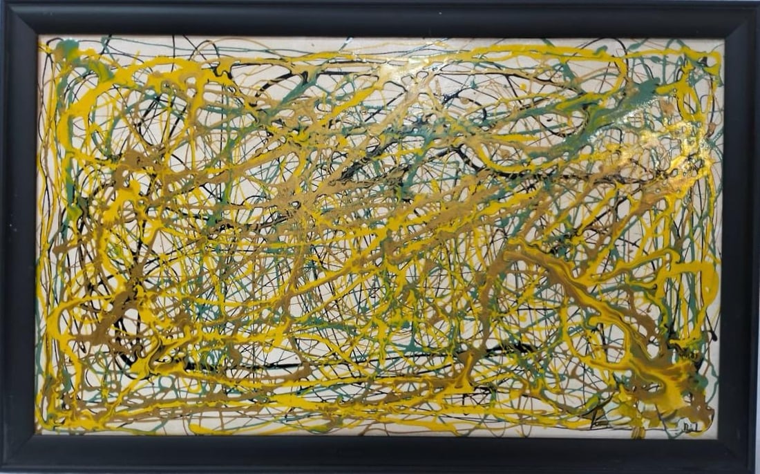 Jackson Pollock American 1912–1956 Oil on Canvas Painting in the Style of.Pollock Abstract Era: Title:Composition X Technique:Oil on Canvas Measures:19 × 15 inches Year:Circa mid–late 20th century Condition:Good — the surface appears stable, with minor age-consistent wear visible upon close