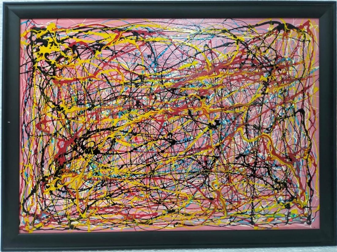 Jackson Pollock American 1912–1956 Oil on Canvas Painting in the Style of.Pollock Abstract Era: Title:Composition XXI Technique:Oil on Canvas Measures:19 × 27 inches Year:Circa mid–late 20th century Condition:Good — the surface appears stable, with minor age-consistent wear visible upon clo