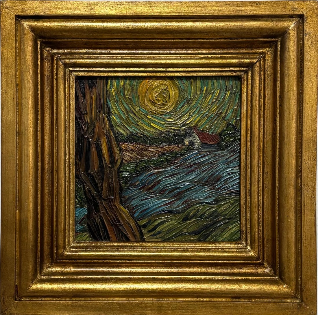 Vincent Van Gogh Dutch 1853-1890 Oil on Canvas Painting in the Style of.Van Gogh Era: Title:Sunlit River Landscape Technique:Oil on Canvas Measures:11 × 11 inches Year:Circa mid–late 20th century Condition:Good — the surface exhibits pronounced impasto and textured brushwork consi
