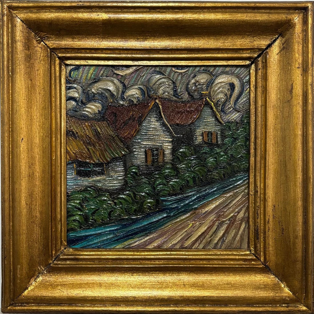 Vincent Van Gogh Dutch 1853-1890 Oil on Canvas Painting in the Style of.Van Gogh Era: Title:Landchap Technique:Oil on Canvas Measures:12 × 12 inches Year:Circa mid–late 20th century Condition:Good — the surface displays pronounced impasto and expressive brushwork consistent with p