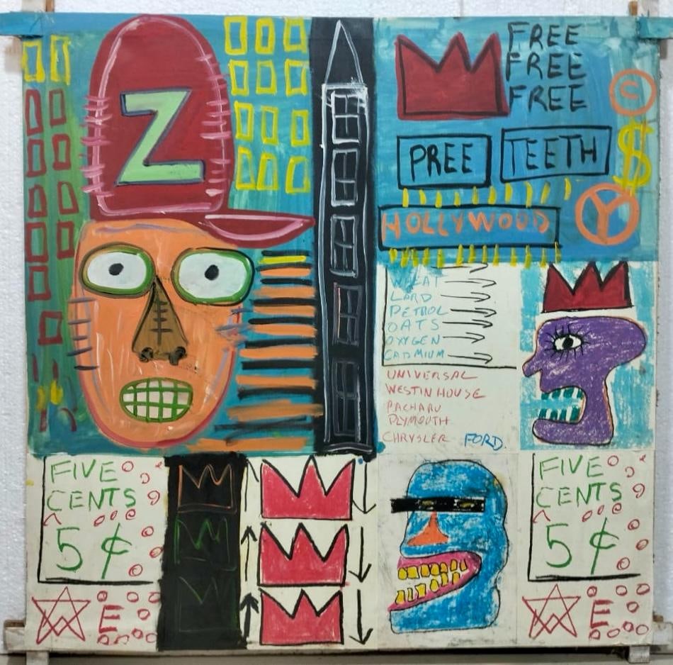 Jean Michel Basquiat In The Style of. Basquiat Neo Expressionism Era Mixed Media/Canvas.: Title:Urban Icons and Five-Cent Economy Technique:Mixed media on canvas Measures:35 × 35 inches Year:Circa late 20th century Condition:Good — the surface exhibits layered mixed-media application, g
