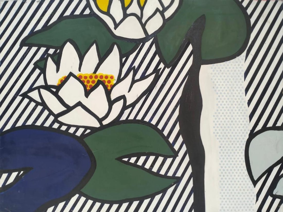 Roy Lichtenstein American 1923-1997 Oil on Canvas Painting in the Style of.Lichtenstein Pop Art: Title:Water Lilies with Graphic Stripes Technique:Oil on canvas Measures:23 × 31 inches Year:Circa late 20th century Condition:Good — the surface appears stable, with strong color saturation and cr