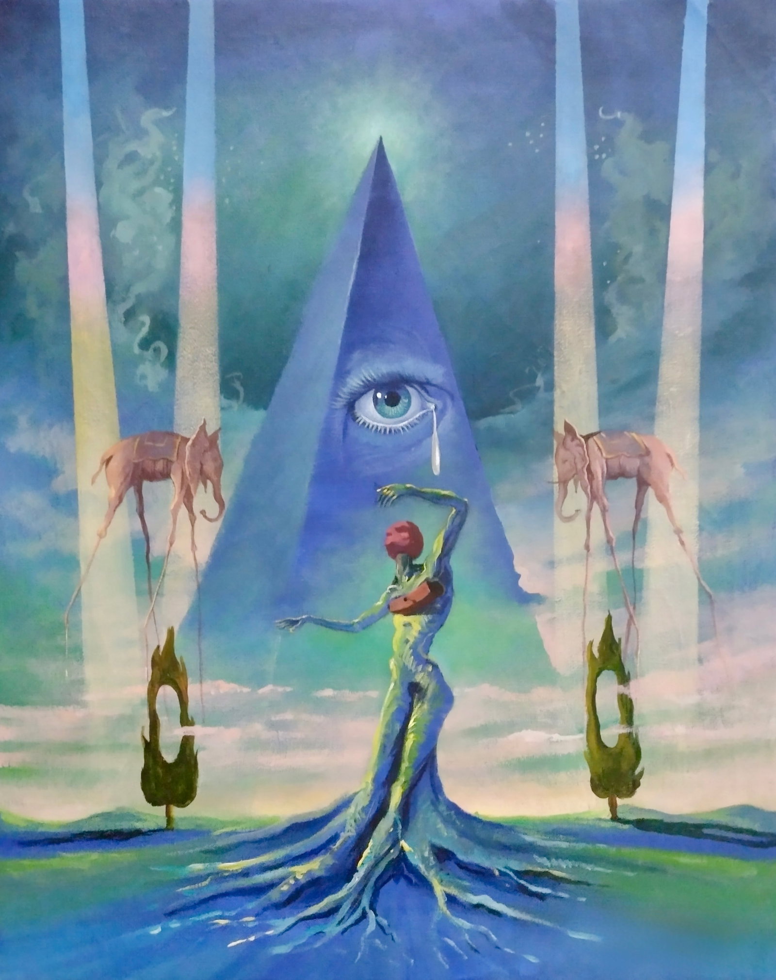 Salvador Dali Spanish 1904 - 1989 Oil on Canvas Painting in the Style of. Sali Surrealist Era: Title: The Tear of the Pyramid Technique: Oil on Canvas Measures: 19 x 15 inches Year: Circa 1952 Condition: Good — stable, with minor surface wear and light craquelure consistent with age. Provenan