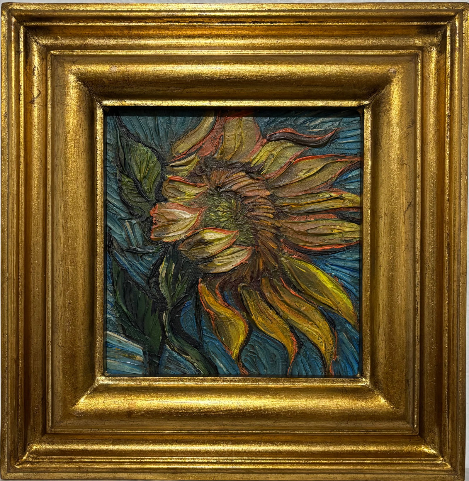 Vincent Van Gogh Dutch 1853-1890 Oil on Canvas Painting in the style of.Van Gogh Period: Title: Zonnebloem Technique: Oil on Canvas Measures: 12 x 12 inches Year: Circa 1888 Condition: Good — stable, with minor surface wear and light craquelure consistent with age. Provenance: Private c