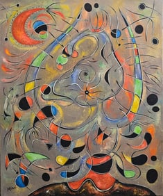 Joan Miro Spanish 1893 - 1983 Oil on Canvas Painting in the Style of Dali, Picasso, Magritte,