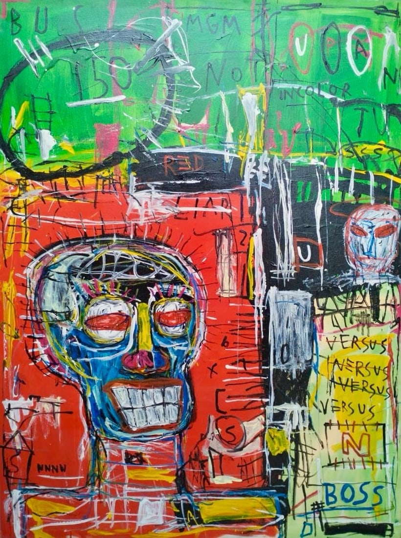 Jean-Michel Basquiat American 1960–1988 Acrylic on Canvas Painting in the Style of Warhol, Pollock: Title: Neon Battle Codes Technique: Acrylic on Canvas Measures: 51 x 38 inches Year: 1982 Condition: Good — stable, with minor surface wear and light craquelure consistent with ageProvenance: Privat