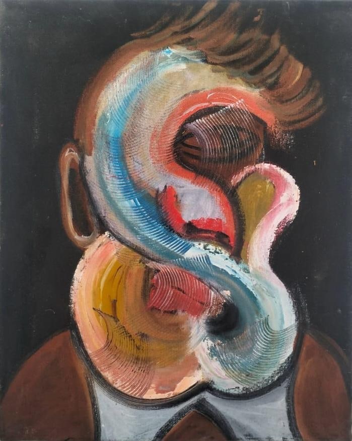 Francis Bacon Irish-British 1909-1992 Oil on Canvas Painting in the Style of Lucian Freud, Alberto: Title: Self Portait Technique: Oil on Canvas Measures: 20 x 16 inches Year: 1969 Condition: Good — stable, with minor surface wear and light craquelure consistent with ageProvenance: Private collect