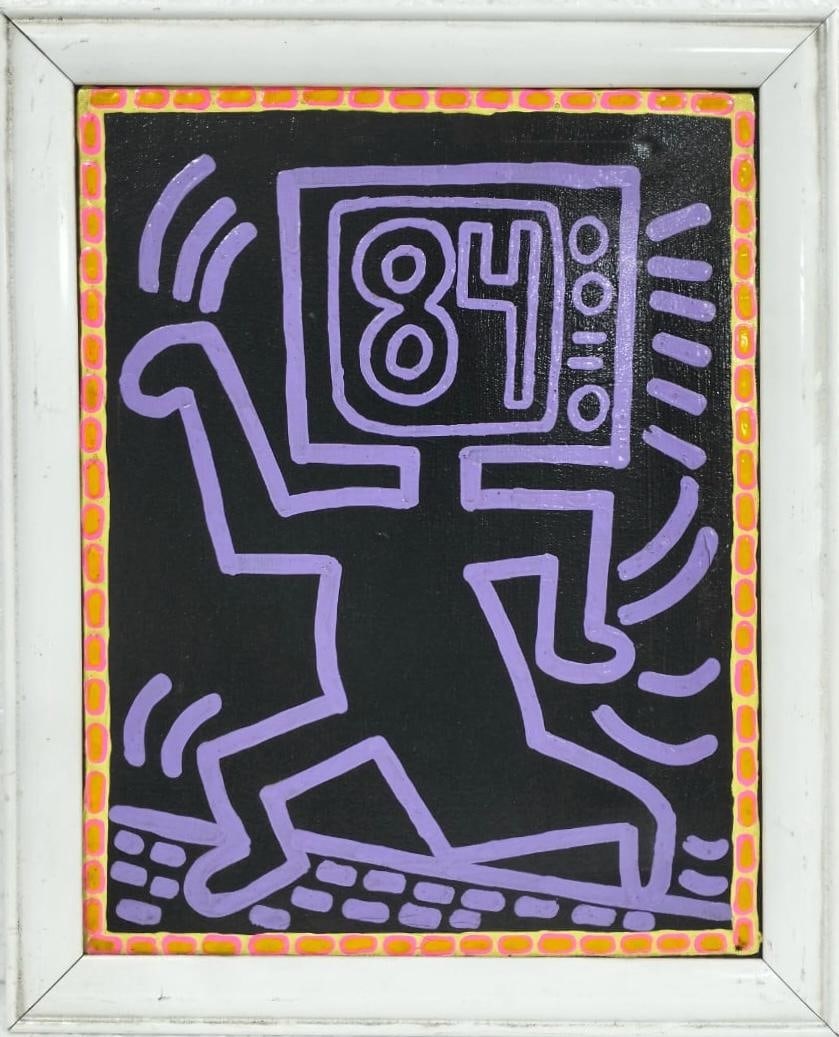 Keith Haring American 1958 - 1990 Acrylic on Canvas Painting In The Style of Warhol & Haring Pop Art: Title: Electric Runner of ’84 Technique: Acrylic on Canvas Measures: 17 x 13 inches Year: 1983 Condition: Good — stable, with minor surface wear and light craquelure consistent with ageProvenance: