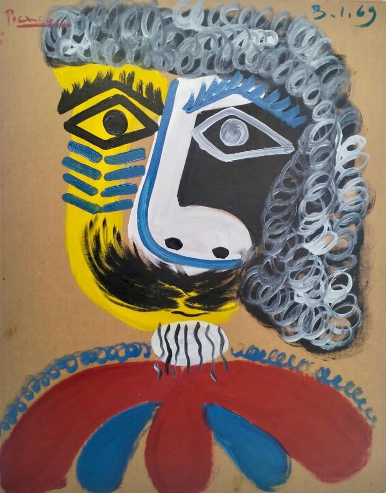 Pablo Picasso Spanish 1881-1973 Oil on Cardboard Painting in the Style of Dali, Magritte, Chagall &: Title: Buste d'Homme Technique: Oil on Cardboard Measures: 28 x 22 inches Year: 1969 Condition: Good — stable, with minor surface wear and light craquelure consistent with ageProvenance: Private col