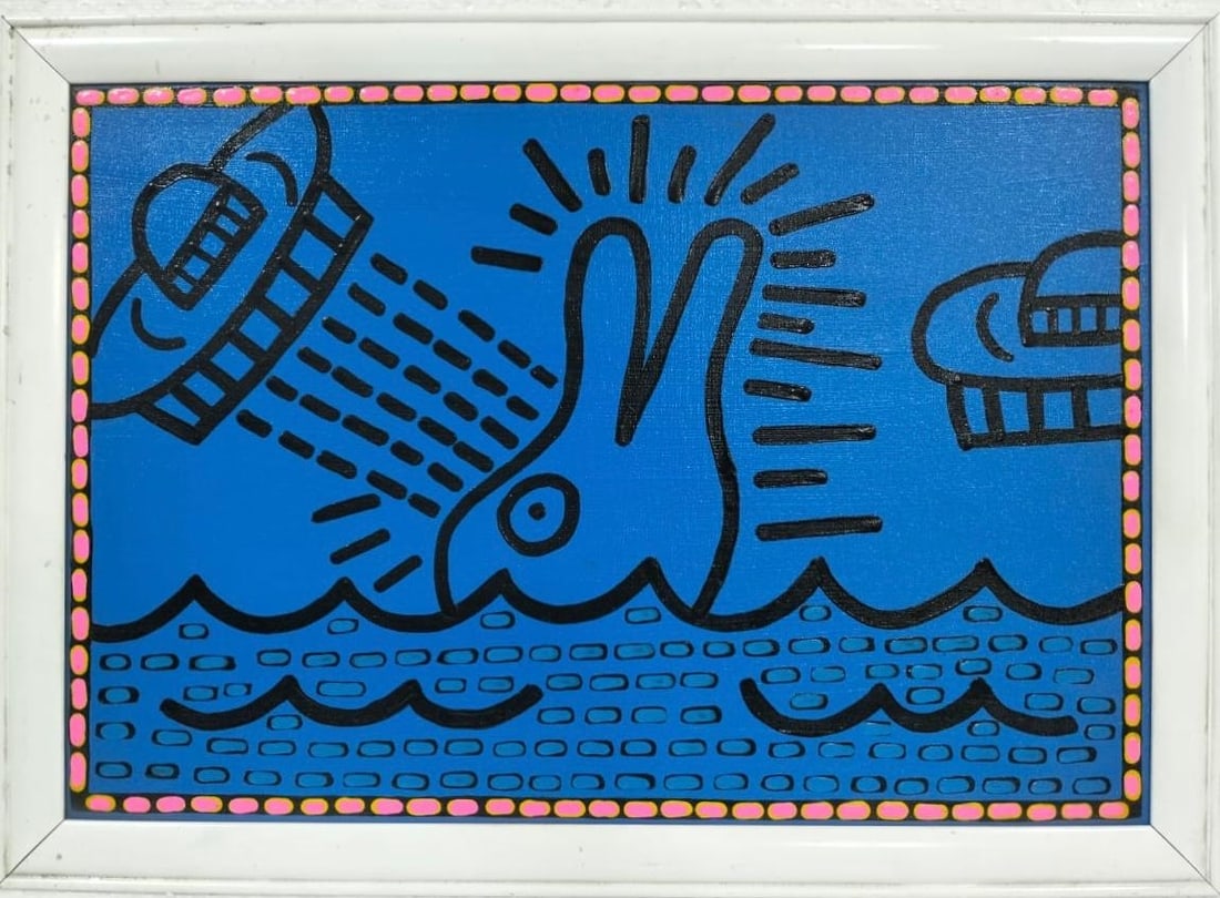 Keith Haring American 1958 - 1990 Acrylic on Canvas Painting In The Style of Warhol & Haring Pop Art: Title: Cosmic Waves and Visitors Technique: Acrylic on Canvas Measures: 16 x 24 inches Year: 1982 Condition: Good — stable, with minor surface wear and light craquelure consistent with ageProvenance