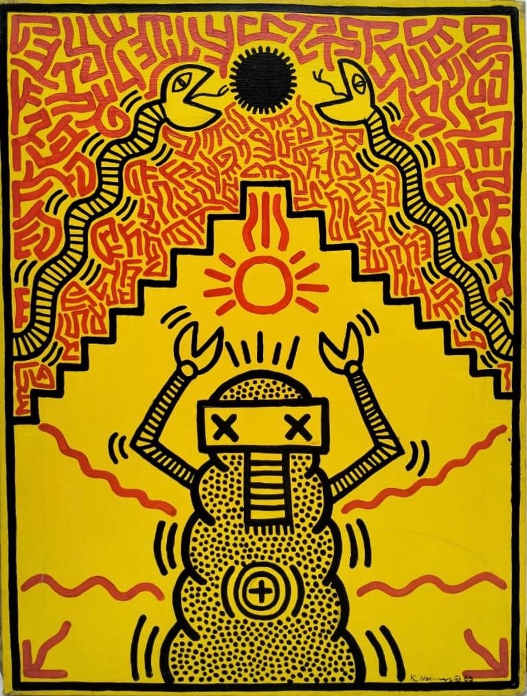 Keith Haring American 1958 - 1990 Acrylic on Canvas Painting In The Style of Warhol & Haring Pop Art: Title: Eclipse in the Temple of Wires Technique: Acrylic on Canvas Measures: 31 x 23 inches Year: 1983 Condition: Good — stable, with minor surface wear and light craquelure consistent with ageProve