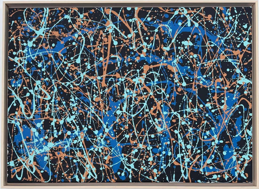 Jackson Pollock American 1912–1956 Oil on Canvas Painting in the Style of de Kooning, Rothko: Title: Rhythm of Falling Stars Technique: Oil on Canvas Measures: 26 x 36 inches Year: Circa 1951 Condition: Good — stable, with minor surface wear and light craquelure consistent with ageProvenance