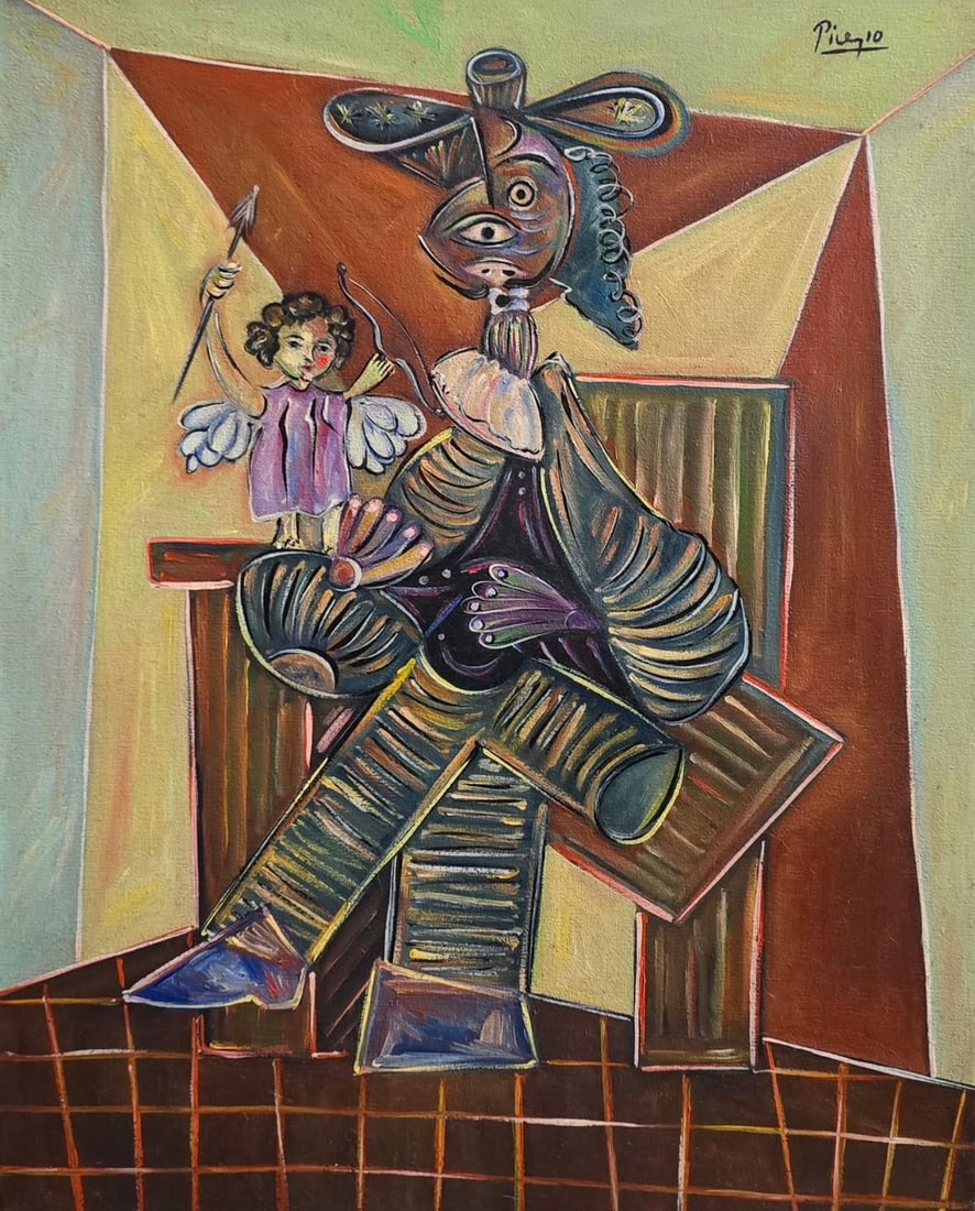 Pablo Picasso Spanish 1881-1973 Oil on Canvas Painting in the Style of Dali, Magritte, Chagall &: Title: Guardian of the Cherub’s Aim Technique: Oil on Canvas Measures: 20 x 16 inches Year: 1965 Condition: Good — stable, with minor surface wear and light craquelure consistent with ageProvenanc