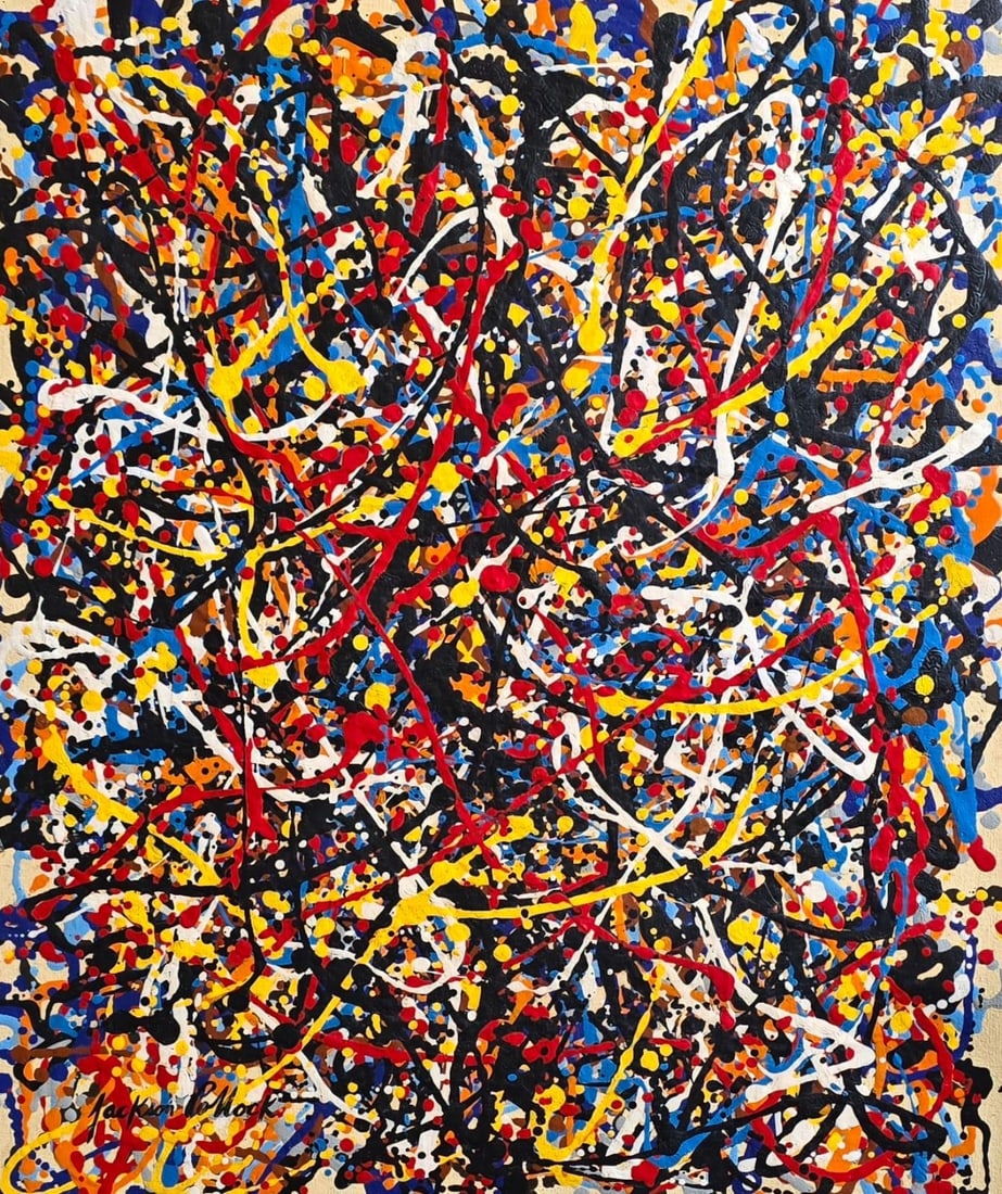 Jackson Pollock American 1912–1956 Oil on Canvas Painting in the Style of de Kooning, Rothko: Title: Symphony of Unbound Motion Technique: Oil on Canvas Measures: 21 x 18 inches Year: Circa 1950 Condition: Good — stable, with minor surface wear and light craquelure consistent with ageProvena