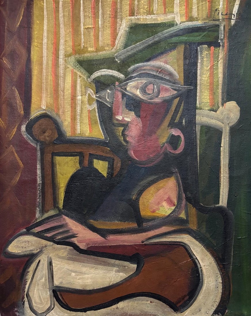 Pablo Picasso Spanish 1881-1973 Oil on Canvas Painting in the Style of Dali, Magritte, Chagall &: Title: Whispers in Cubist Silence Technique: Oil on Canvas Measures: 20 x 16 inches Year: Circa 1938 Condition: Good — stable, with minor surface wear and light craquelure consistent with ageProvena