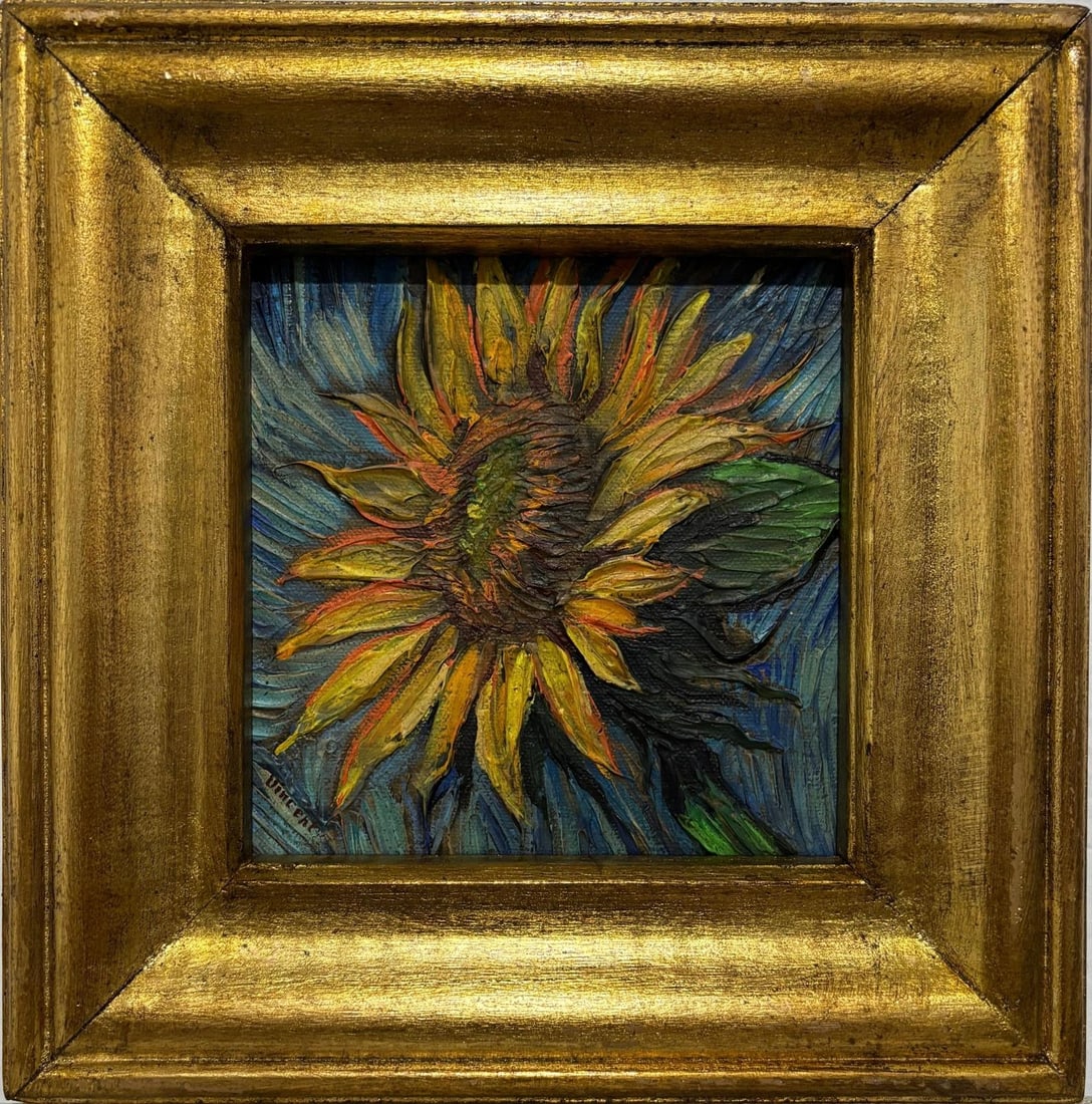 Vincent Van Gogh Dutch 1853-1890 Oil on Canvas Painting in the Style of Gaugin, Monet, Degas Period: Title: Zonnebloem Technique: Oil on Canvas Measures: 10 x 10 inches Year: Circa 1888 Condition: Good — stable, with minor surface wear and light craquelure consistent with ageProvenance: Private col