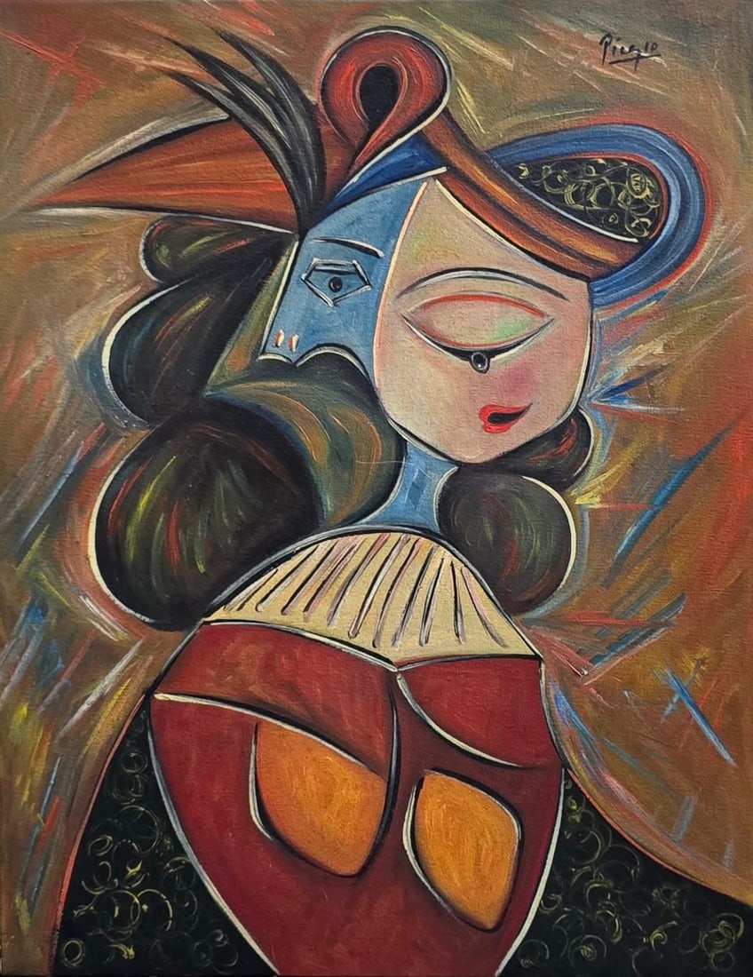 Pablo Picasso Spanish 1881-1973 Oil on Canvas Painting in the Style of.Picasso Era: Title: Whisper of the Curved Veil Technique: Oil on Canvas Measures: 18 x 14 inches Year: 1940 Condition: Good — stable, with minor surface wear and light craquelure consistent with age. Provenance: