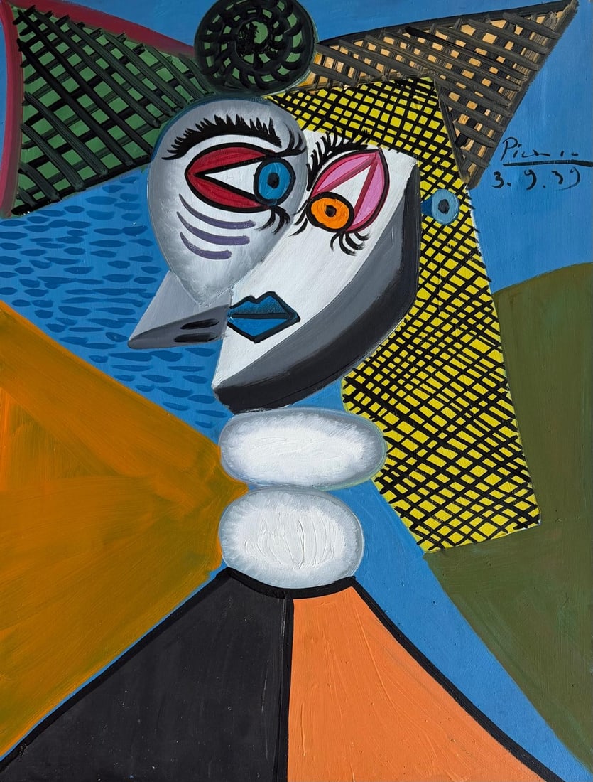 Pablo Picasso Spanish 1881-1973 Oil on Canvas Painting in the Style of.Picasso Era: Title: Buste de femme Technique: Oil on Canvas Measures: 19 x 16 inches Year: Circa 1939 Condition: Good — stable, with minor surface wear and light craquelure consistent with age. Provenance: Priva