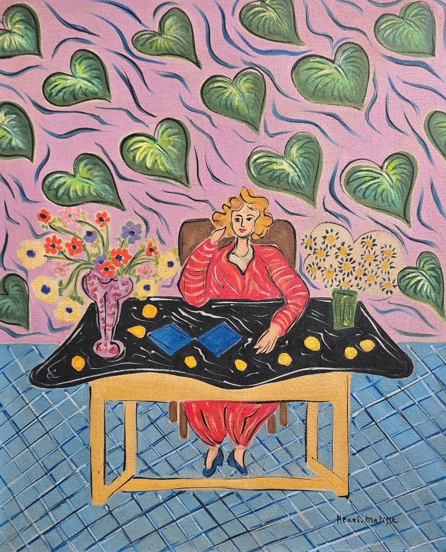 Henri Matisse French 1869-1954 Oil on Canvas in the Style of.Matisse Era: Title: Harmony in Pink and Blue Technique: Oil on Canvas Measures: 17 x 14 inches Year: Circa 1942 Condition: Good — stable, with minor surface wear and light craquelure consistent with age. Provena