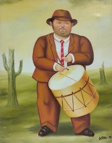 Fernando Botero Colombian 1932-2023 Oil on Canvas Painting in the Style of.Boterismo Era