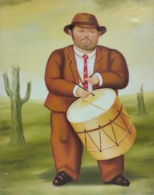 Fernando Botero Colombian 1932-2023 Oil on Canvas Painting in the Style of.Boterismo Era