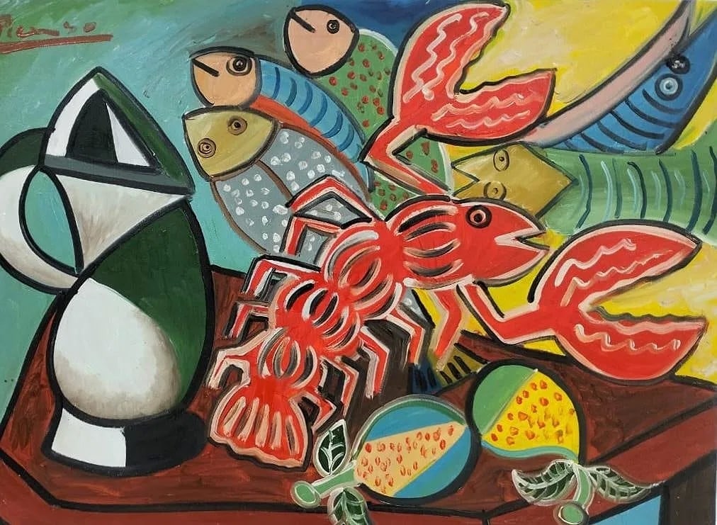 Pablo Picasso Spanish 1881-1973 Oil on Canvas Painting in the Style of.Cubist Era: Title: Nature Morte Technique: Oil on Canvas Measures: 23 x 31 inches Year: Circa 1959 Condition: Good — stable, with minor surface wear and light craquelure consistent with age. Provenance: Private