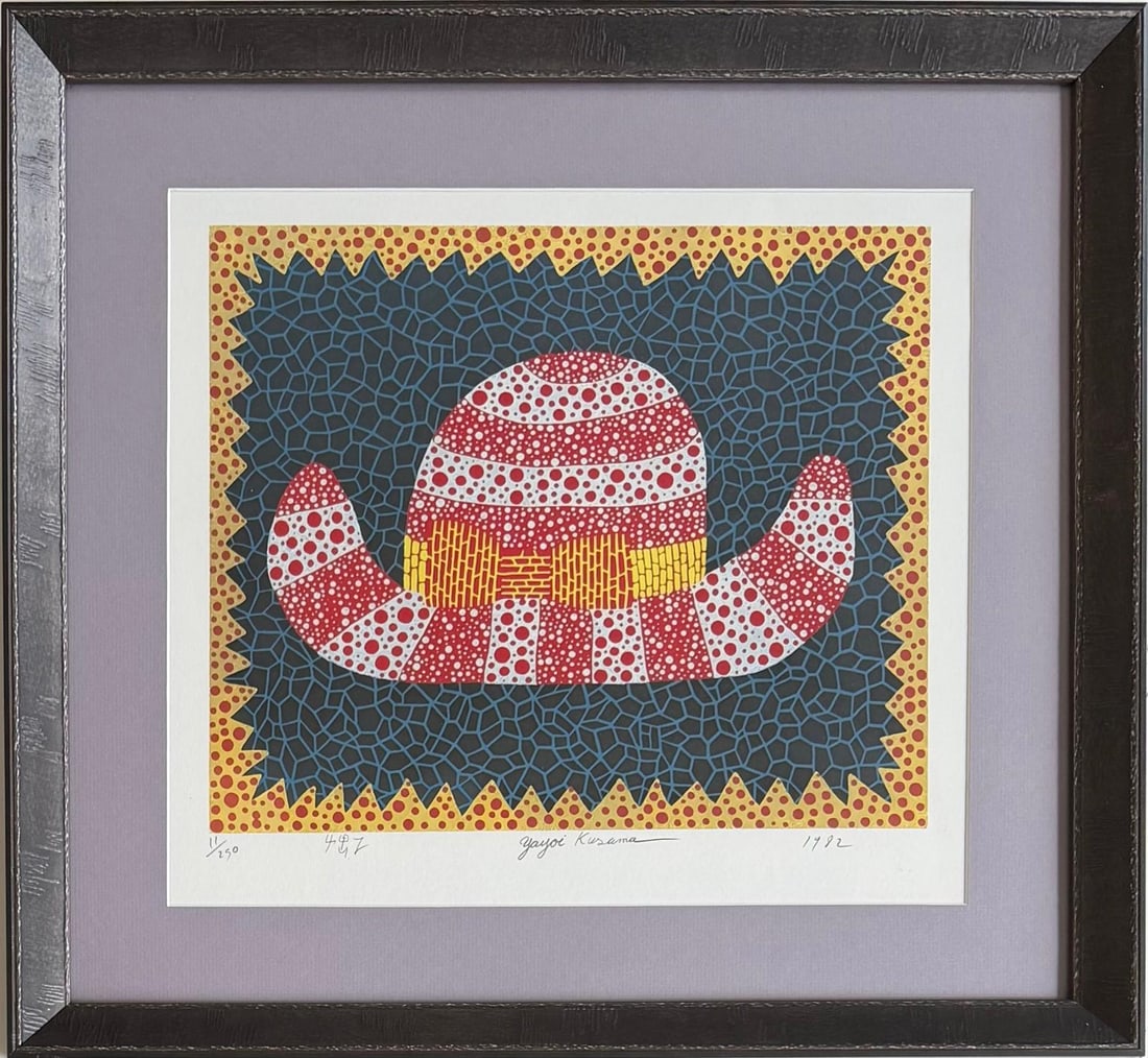 Yayoi Kusama Japanese (b.1929) Lithograph Painting in the Style of.Pop Art Era: Title: Polka-Dot Shell in a Dream Grid Technique: Lithograph Measures: 13 x 15 inches Year: Circa 1980 Condition: Good — stable, with minor surface wear and light craquelure consistent with ageProve