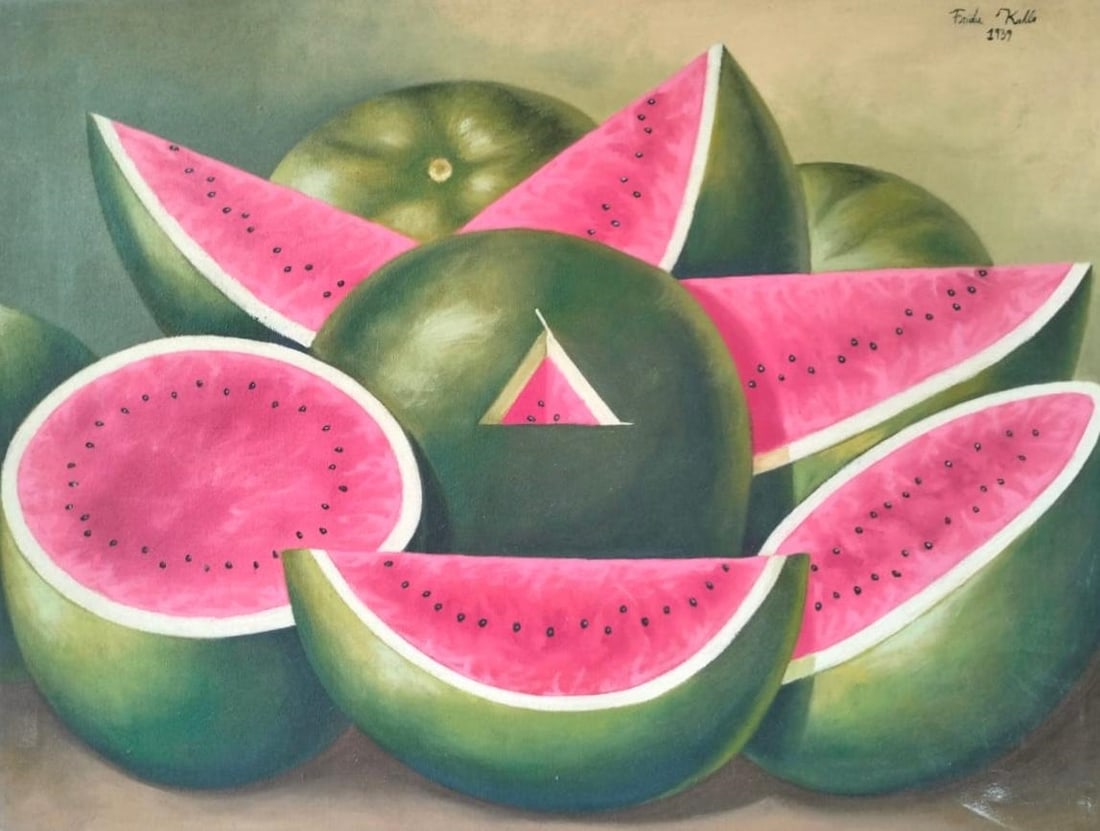 Frida Kahlo Mexican 1907-1954 Oil on canvas Painting in the Style of. Frida Kahlo. Surrealism Era: Title: Sandías Technique: Oil on Canvas Measures: 31 x 24 inches Year: 1939 Condition: Good — stable, with minor surface wear and light craquelure consistent with age. Provenance: Private collectio