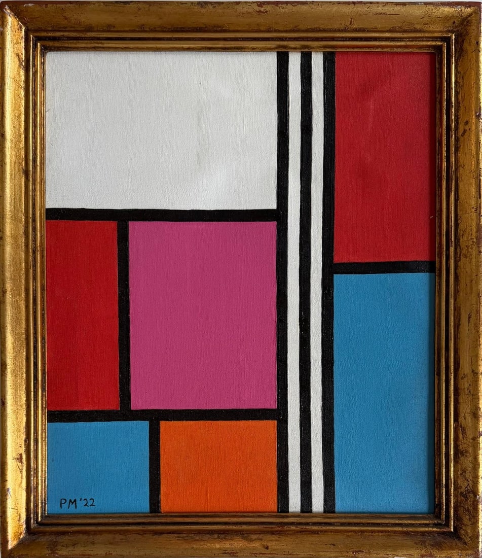 Piet Mondrian Dutch 1872- 1911 Oil on Paper Painting in the Style of.Abstraction Era: Title: Composition No. IX with Blue, Pink and Red Technique: Oil on Canvas Measures: 17 x 15 inches Year: Circa 1922 Condition: Good — stable, with minor surface wear and light craquelure consistent