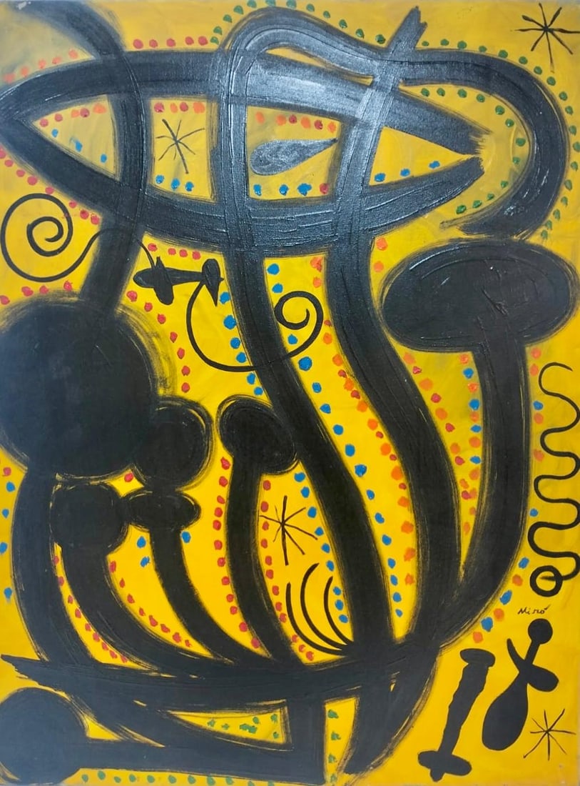 Joan Miró Spanish 1893 - 1983 Oil on Canvas in the Style of.Miró: Title: A Travers Mes Yeux Technique: Oil on Canvas Measures: 31 x 23 inches Year: 1939 Condition: Good — stable, with minor surface wear and light craquelure consistent with age Provenance: Private