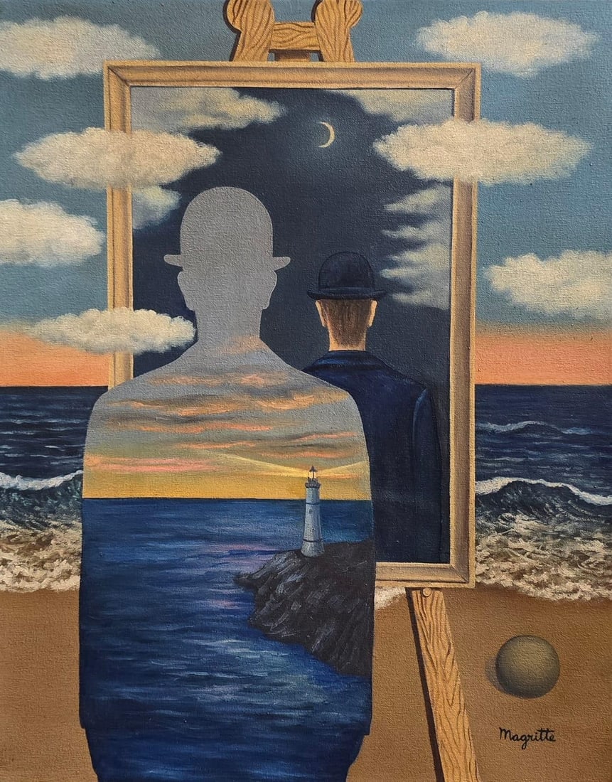 René Magritte Belgian 1898 - 1967 Oil on Canvas Painting in The Style of.Magritte: Title: Twilight Within the Mirror Technique: Oil on Canvas Measures: 24 x 20 inches Year: Circa 1955 Condition: Good — stable, with minor surface wear and light craquelure consistent with age Proven