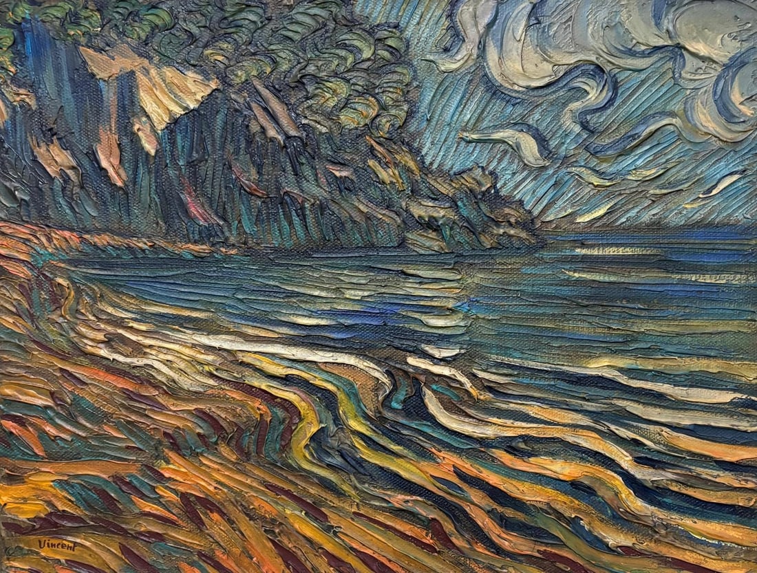Vincent Van Gogh Dutch 1853-1890 Oil on Canvas Painting in the Style of.Van Gogh: Title: Zeegezicht Technique: Oil on Canvas Measures: 10 x 13 inches Year: Circa 1888 Condition: The surface exhibits heavy impasto consistent with the stylistic approach; no tears or major losses are 