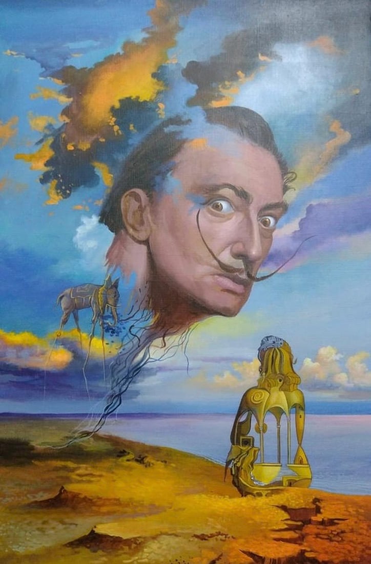 Salvador Dali Spanish 1904 - 1989 Oil on Canvas Painting in the Style of. Dali Surrealism Era: Title:Suspended Consciousness Over the Shore. Technique:Oil on canvas. Measures:23 × 15 inches (approximately 58.4 × 38.1 cm). Year:Circa mid–late 20th century. Condition:Good overall condition. T